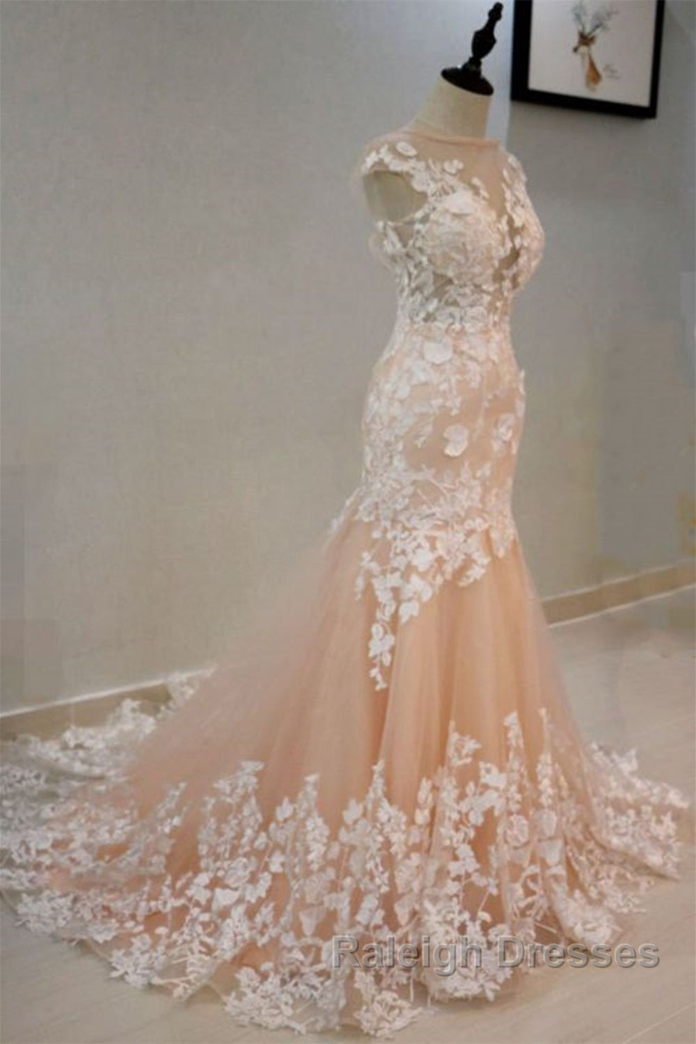Round Neck Mermaid Champagne Lace Long Prom Dresses Mermaid Champagne Prom Dresses Champagne Lace Prom Dresses