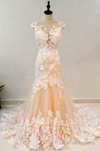 Round Neck Mermaid Champagne Lace Long Prom Dresses,Sexy Formal Dress,Graduation Dresses