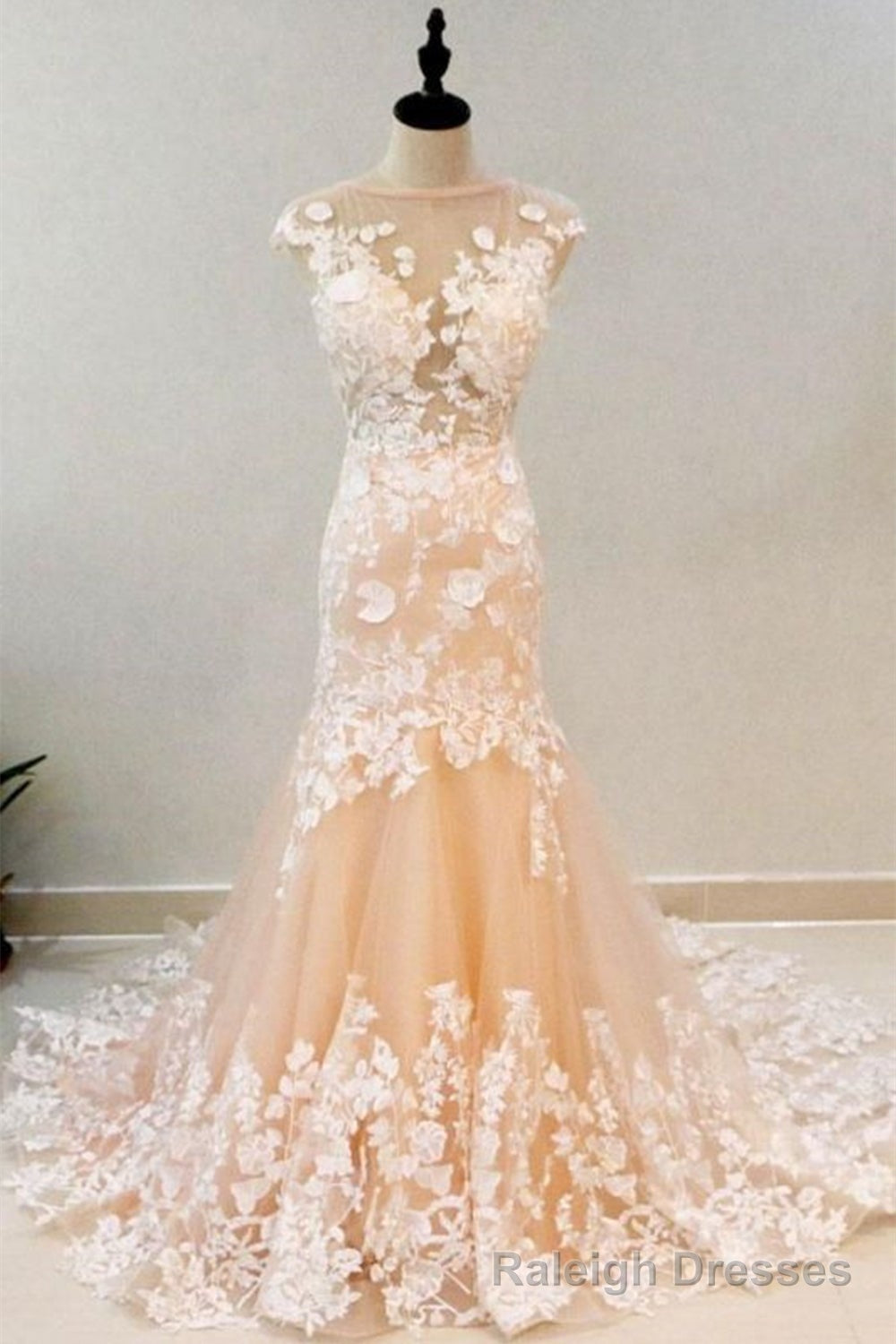 Round Neck Mermaid Champagne Lace Long Prom Dresses,Sexy Formal Dress,Graduation Dresses