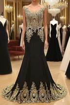 Round Neck Mermaid Lace Applique Black Prom Dresses, Lace Black Formal Dresses