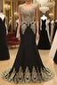 Round Neck Mermaid Lace Applique Black Prom Dresses, Lace Black Formal Dresses
