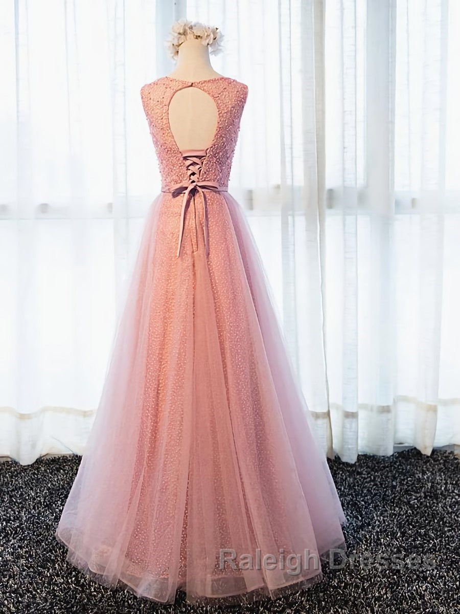 Round Neck Pink Beaded Long Prom Dresses, Pink Long Formal Evening Dresses Secondary image