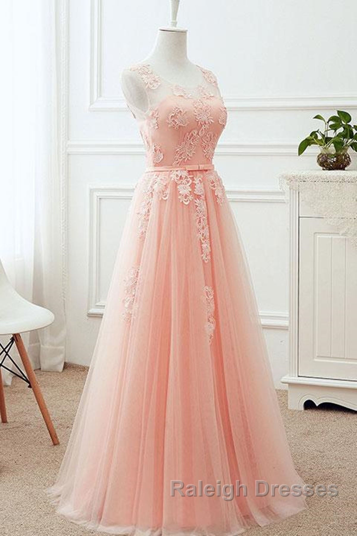 Round Neck Pink Lace Long Prom Dresses, Pink Lace Bridesmaid Dresses Secondary image