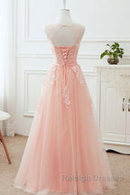 Round Neck Pink Lace Long Prom Dress Pink Lace Bridesmaid Dress