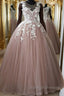 Round Neck Pink Lace Long Prom Gown Long Pink Lace Prom Dresses Pink Ball Gown