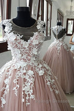 Round Neck Pink Lace Long Prom Gown Long Pink Lace Prom Dresses Pink Ball Gown