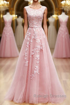 Round Neck Pink Lace Prom Dresses, Pink Lace Long Formal Evening Dresses