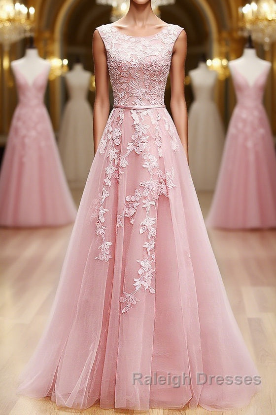 Round Neck Pink Lace Prom Dresses, Pink Lace Long Formal Evening Dresses