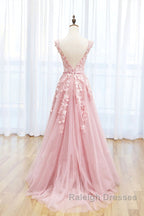 Round Neck Pink Lace Prom Dresses, Pink Lace Long Formal Evening Dresses
