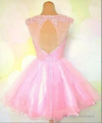 Round Neck Pink Short Lace Prom Dress, Pink Lace Homecoming/Bridesmaid/Graduation Dress