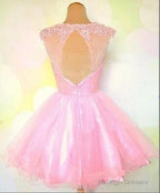 Round Neck Pink Short Lace Prom Dresses Pink Lace Homecoming/Bridesmaid/Graduation Dresses