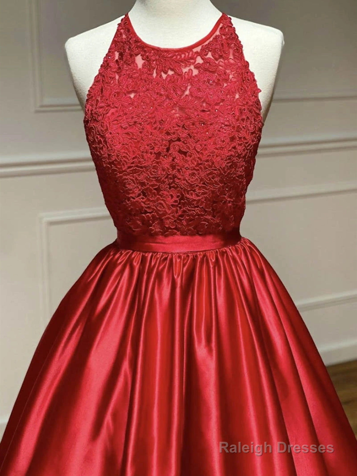 Round Neck Red Lace Long Prom Dresses, Red Lace Formal Evening Graduation Dresses Secondary image