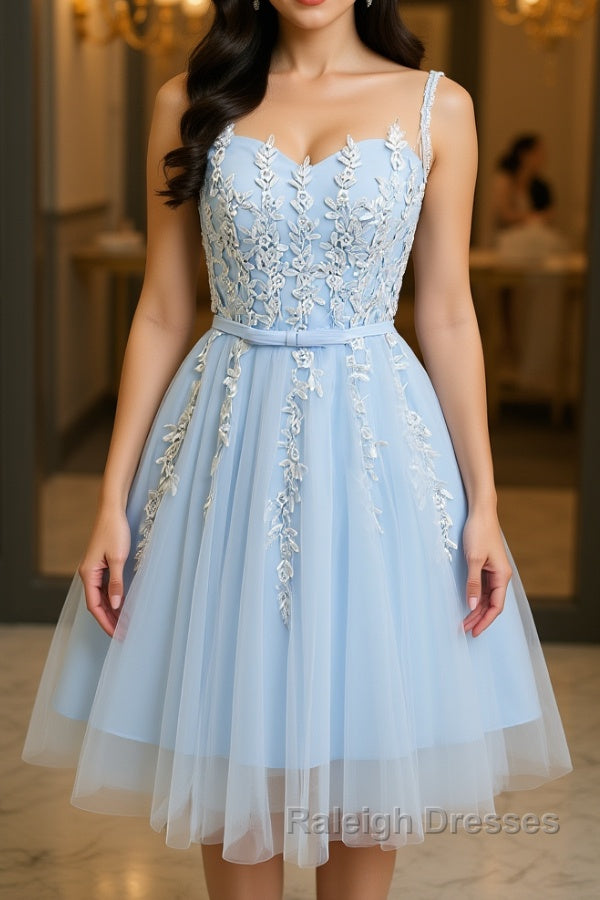 Round Neck Short Blue Lace Prom Dresses, Short Blue Lace Homecoming Graduation Dresses Main image