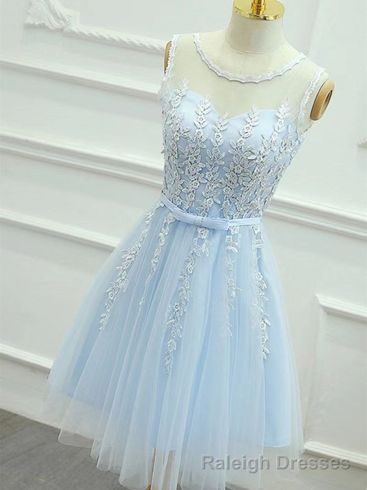 Round Neck Short Blue Lace Prom Dresses, Short Light Blue Lace Formal Graduation Dresses Main image