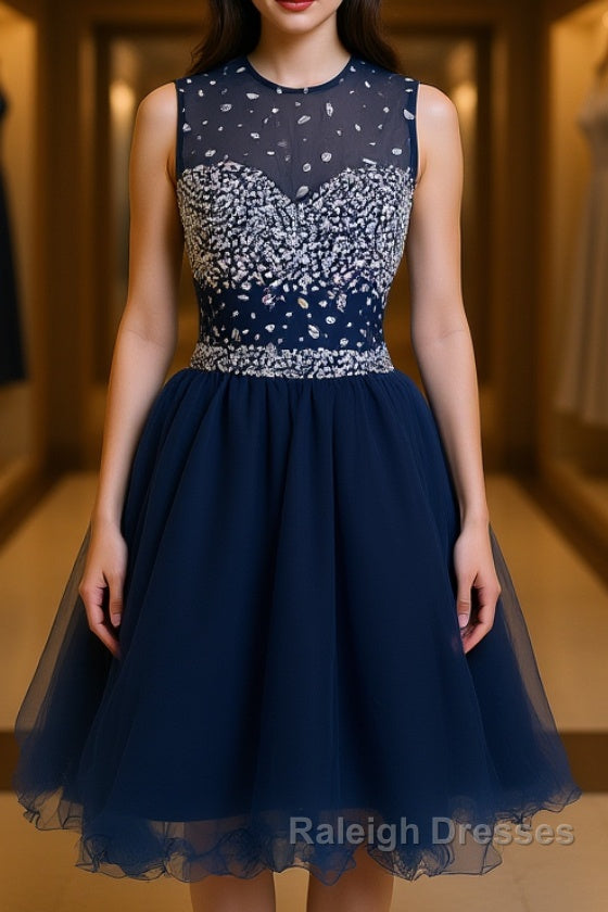 Round Neck Short Dark Blue Prom Dresses, Short Dark Blue Homecoming Dresses