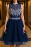 Round Neck Short Dark Blue Prom Dresses, Short Dark Blue Homecoming Dresses