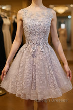 Round Neck Short Gray Lace Prom Dresses, Short Gray Lace Formal Homecoming Graduation Dresses