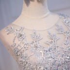 Round Neck Short Gray Lace Prom Dresses, Short Gray Lace Formal Homecoming Graduation Dresses