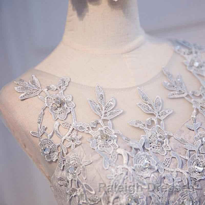 Round Neck Short Gray Lace Prom Dresses, Short Gray Lace Formal Homecoming Graduation Dresses