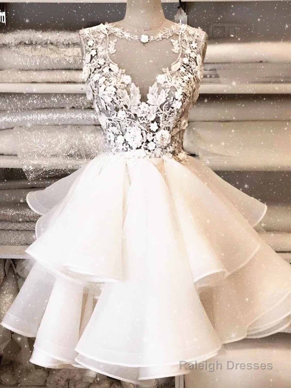 Round Neck Short Ivory Lace Prom Dresses, Short Ivory Lace Formal Graduation Cocktail Dresses