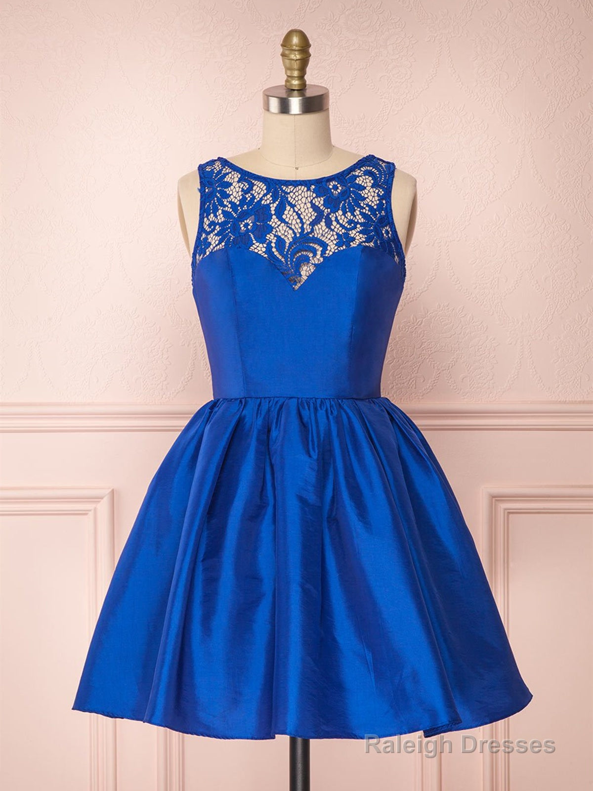 Round Neck Short Royal Blue Lace Prom Dresses, Short Royal Blue Lace Homecoming Graduation Dresses Main image