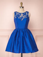 Round Neck Short Royal Blue Lace Prom Dresses, Short Royal Blue Lace Homecoming Graduation Dresses