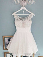 Round Neck White Short Lace Prom Dresses, White Short Lace Homecoming Dresses/Graduation Dress