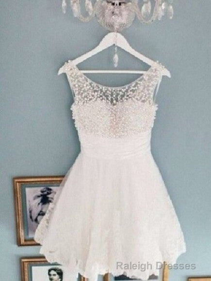 Round Neck White Short Lace Prom Dresses, White Short Lace Homecoming Dresses/Graduation Dress