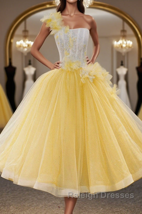 Round Neck Yellow Lace Tulle Prom Dress, Yellow Lace Short Homecoming Dress, Yellow Formal Graduation Evening Dress Main image