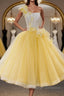 Round Neck Yellow Lace Tulle Prom Dress, Yellow Lace Short Homecoming Dress, Yellow Formal Graduation Evening Dress