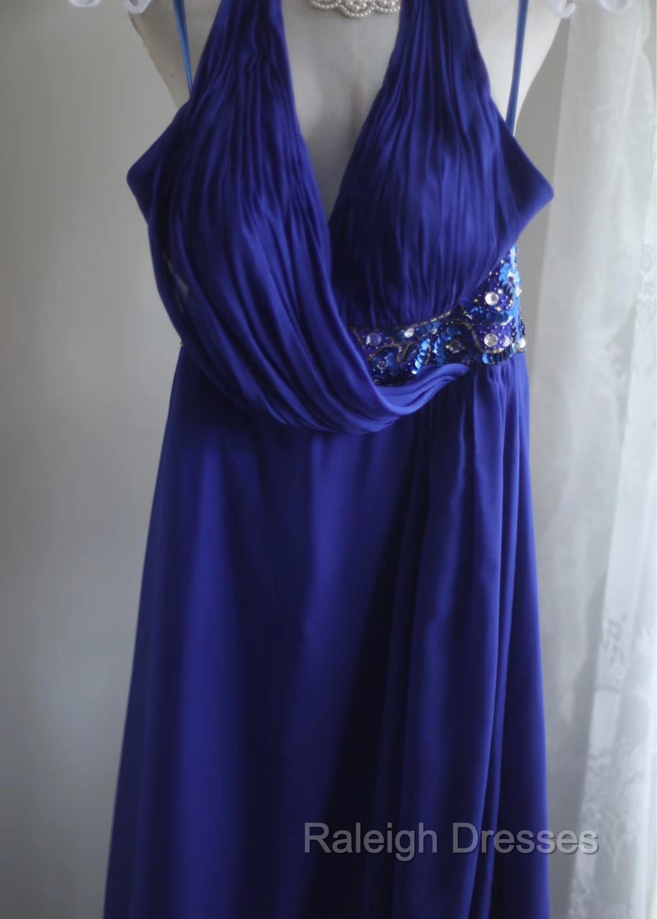Royal Blue A-Line Halter Chiffon Satin Long Prom Dress V-Neck Beaded Birthday Party Dress Secondary image
