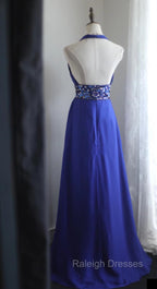 Royal Blue A-Line Halter Chiffon Satin Long Prom Dress V-Neck Beaded Birthday Party Dress