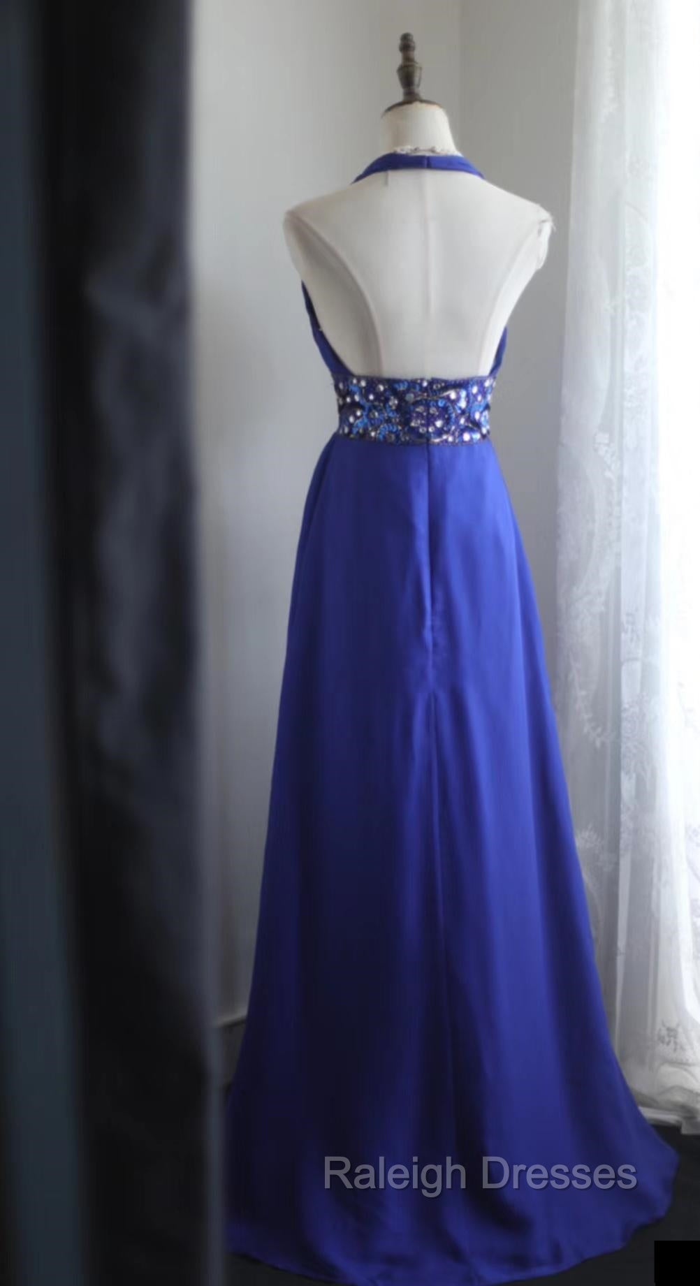 Royal Blue A-Line Halter Chiffon Satin Long Prom Dress V-Neck Beaded Birthday Party Dress