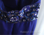 Royal Blue A-Line Halter Chiffon Satin Long Prom Dress V-Neck Beaded Birthday Party Dress