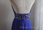 Royal Blue A-Line Halter Chiffon Satin Long Prom Dress V-Neck Beaded Birthday Party Dress