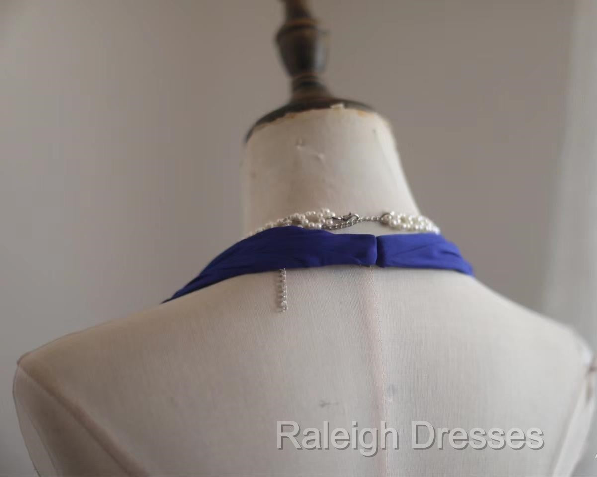 Royal Blue A-Line Halter Chiffon Satin Long Prom Dress V-Neck Beaded Birthday Party Dress