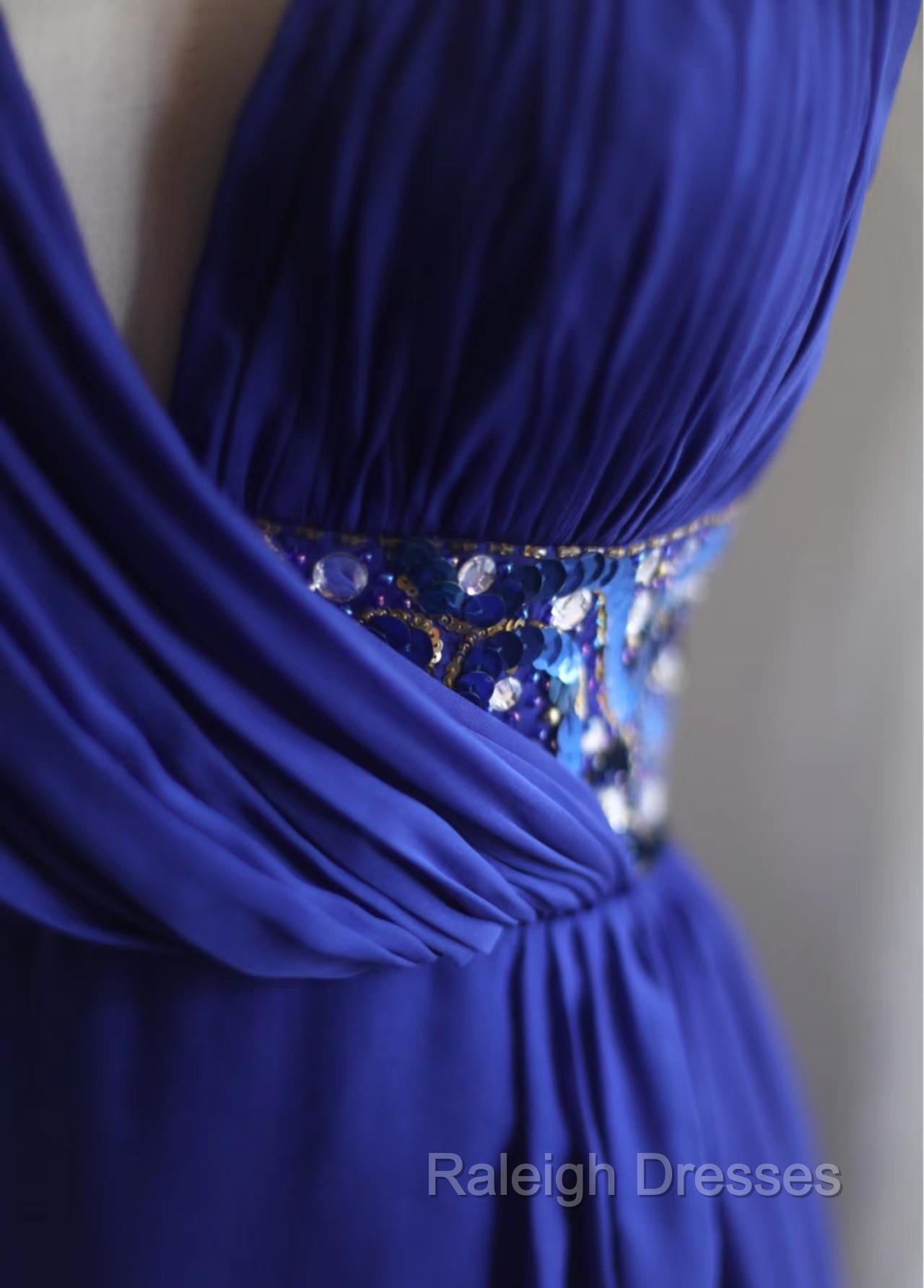 Royal Blue A-Line Halter Chiffon Satin Long Prom Dress V-Neck Beaded Birthday Party Dress