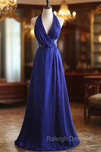 Royal Blue A-Line Halter Chiffon Satin Long Prom Dress V-Neck Beaded Birthday Party Dress