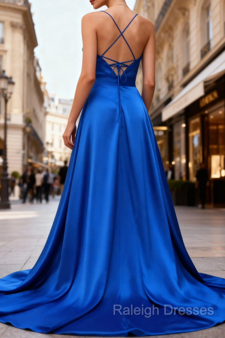 Royal Blue A Line Spaghetti Straps Satin Prom Dress with Slit Secondary image