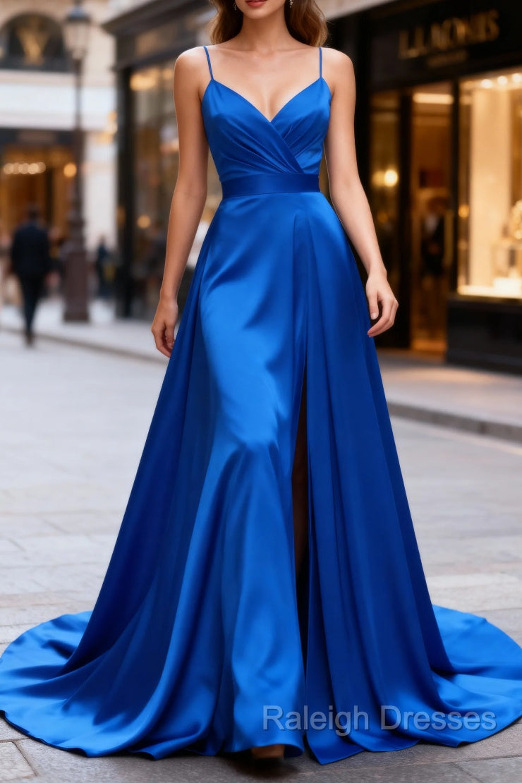 Royal Blue A Line Spaghetti Straps Satin Prom Dress with Slit Main image