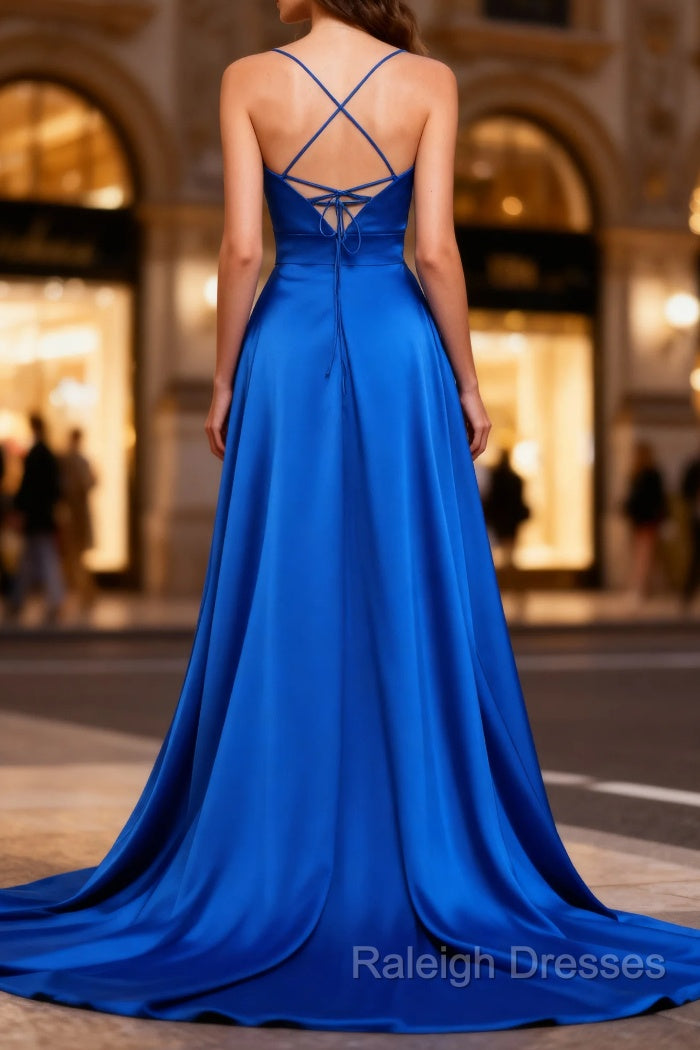 Royal Blue A Line Spaghetti Straps Satin Prom Dresses with Slit Secondary image