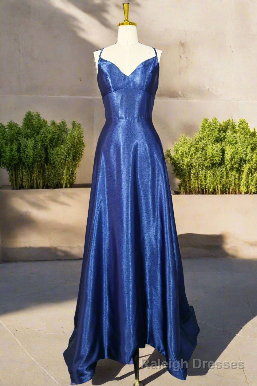 Royal Blue A-line V Neck Prom Dresses Spaghetti Straps Long/Floor-Length Charmeuse Fromal Dresses With Pleated Main image