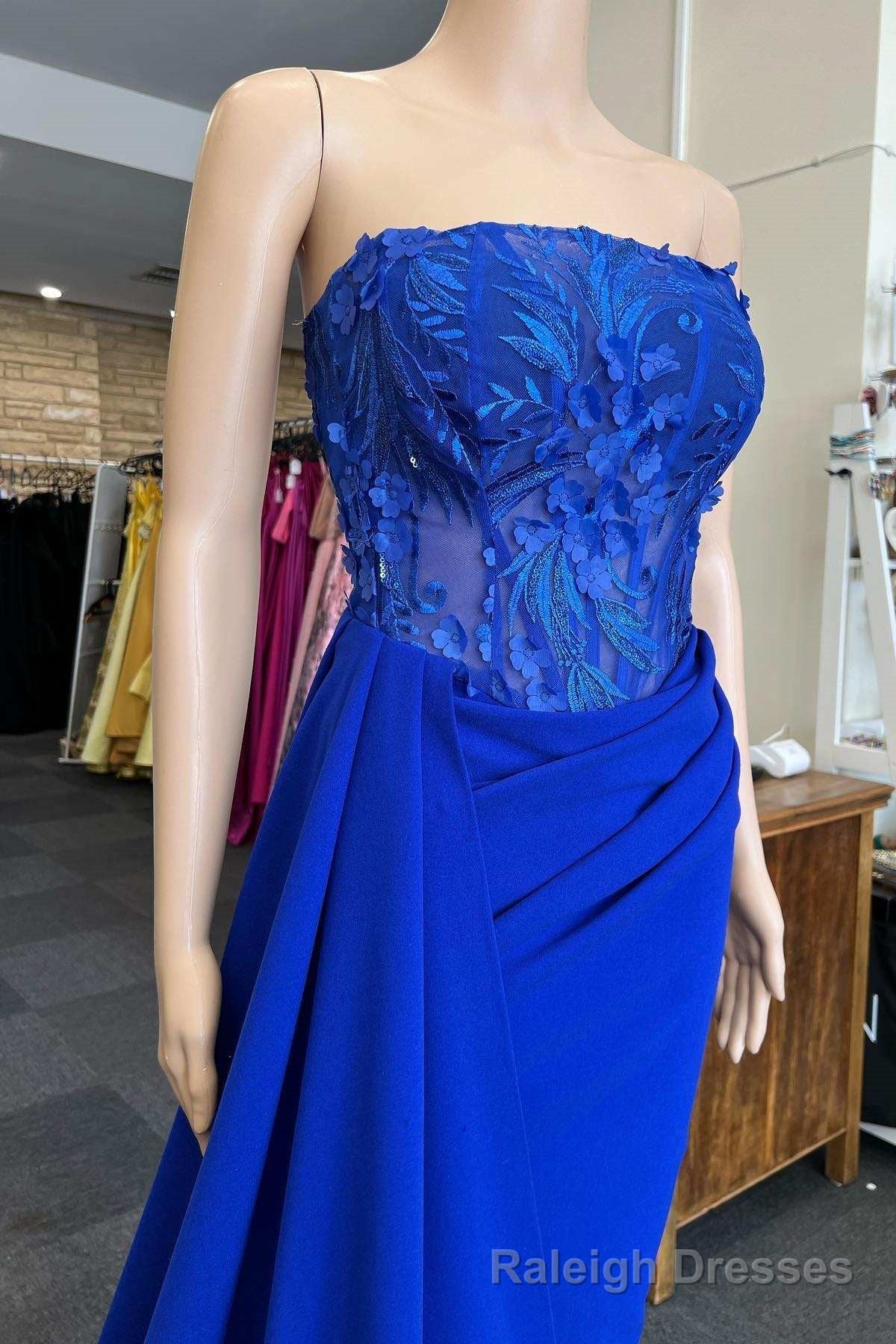 Royal Blue Appliques Strapless Long Formal Gown with Attached Train Secondary image