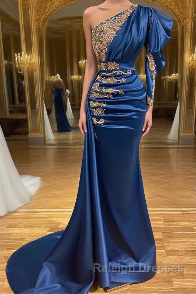 Royal Blue Asymmetric One Shoulder Stretch Satin Evening Prom Dresses with Appliques Main image