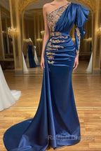 Royal Blue Asymmetric One Shoulder Stretch Satin Evening Prom Dresses with Appliques