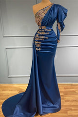 Royal Blue Asymmetric One Shoulder Stretch Satin Evening Prom Dresses with Appliques