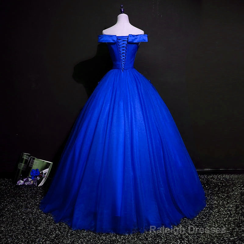 Royal Blue Ball Gown Pricess Off Shoudler Tulle Party Dress, Blue Evening Dress Prom Dress