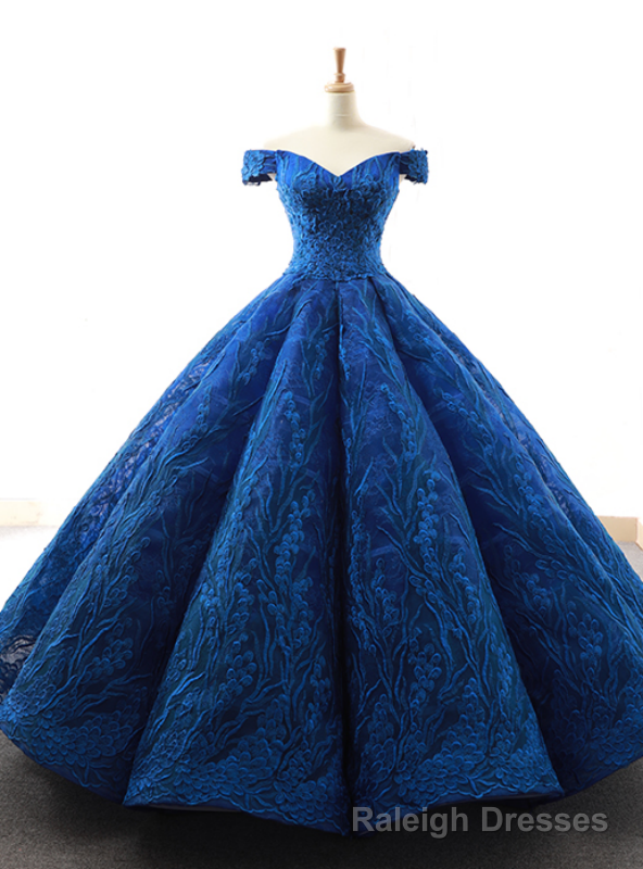 Royal Blue Ball Gown Tulle Lace Appliques Off the Shoulder Prom Dress
