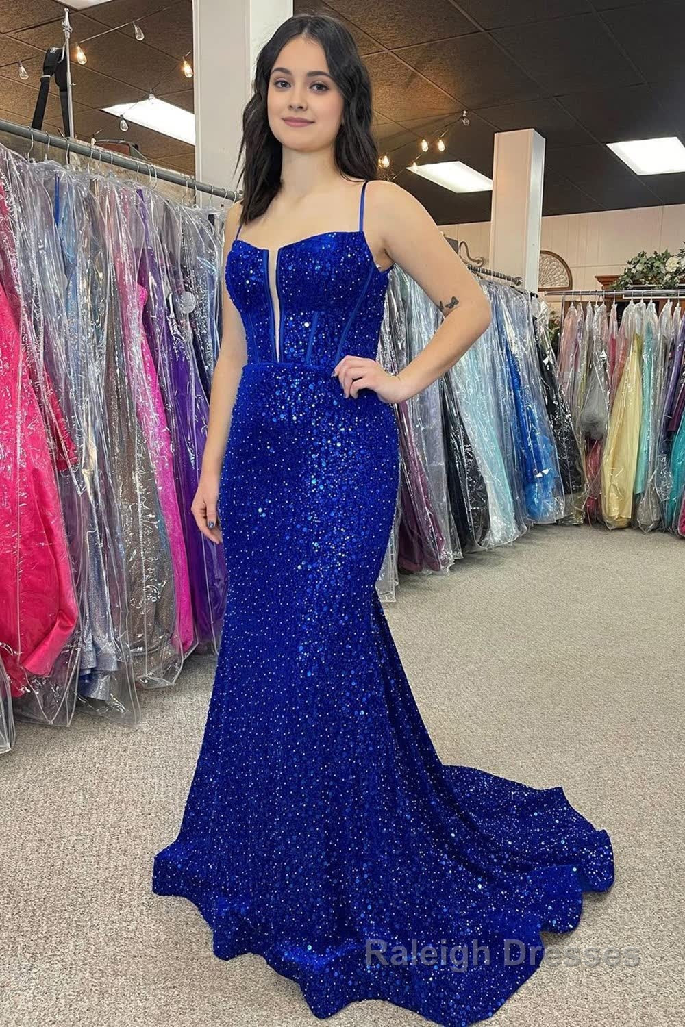 Royal Blue Beaded Sparkly Mermaid Corset Prom Dress Main image