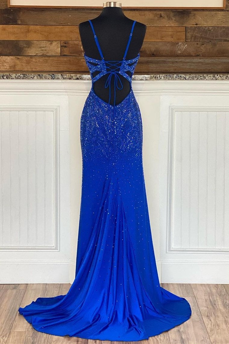 Royal Blue Beaded V-Neck Mermaid Long Prom Dresses
